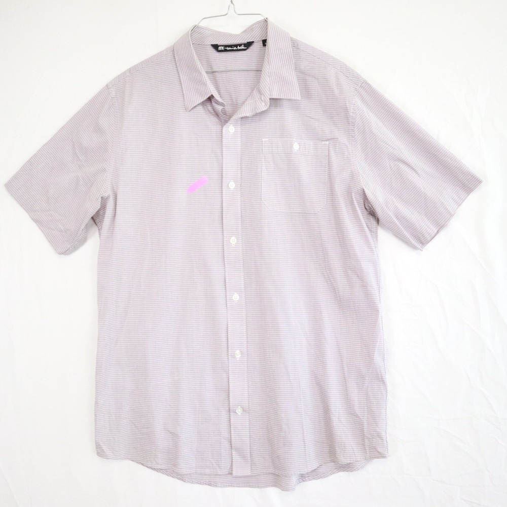 Travis Mathew Shirt Mens Large Casual Pocket Button Purple‎ Striped Short Sleeve